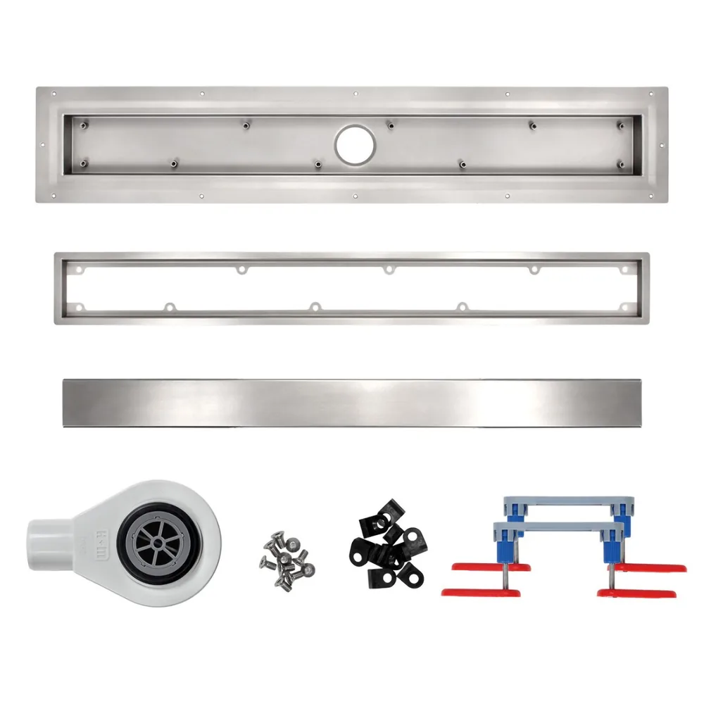 The parts of a linear clamp drain laid out: stainless steel channel, clamping frame, grating, waste trap, fixing screws and adjustable legs